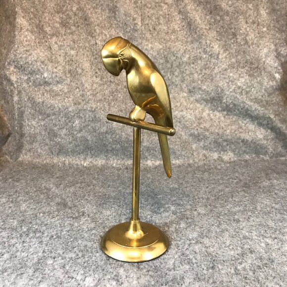 Vintage Brass Parrot on Stand Perch 11" Table Top Décor Statue - Picture 3 of 8